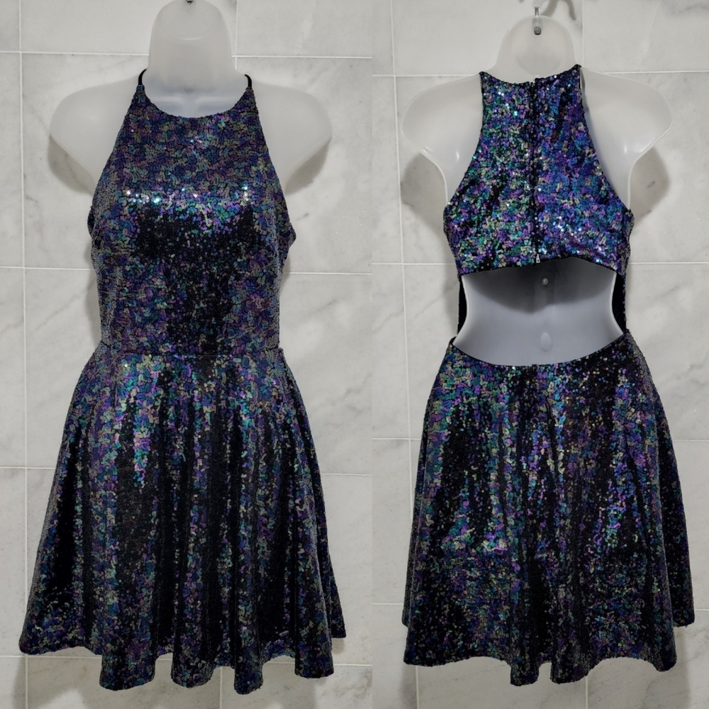 B. Darlin Sequin Halter Dress Open Back Purple MultiColor 5/6